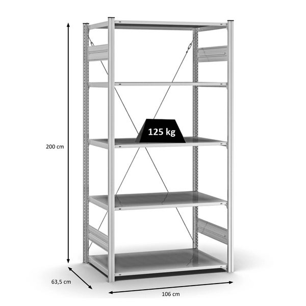 PROREGAL Profi Lagerregal Stecksystem T-Profil Grundregal HxBxT 200 x 100 x 60 cm Fachlast 125 kg Verzinkt