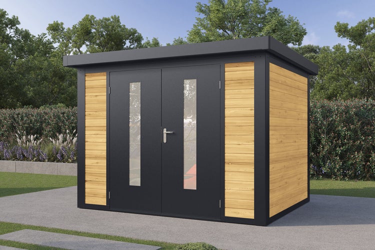 Modernes Gartenhaus mit Flachdach, Kombination aus Holz und Metall, Doppeltür mit Lichtausschnitten im Garten aufgestellt.