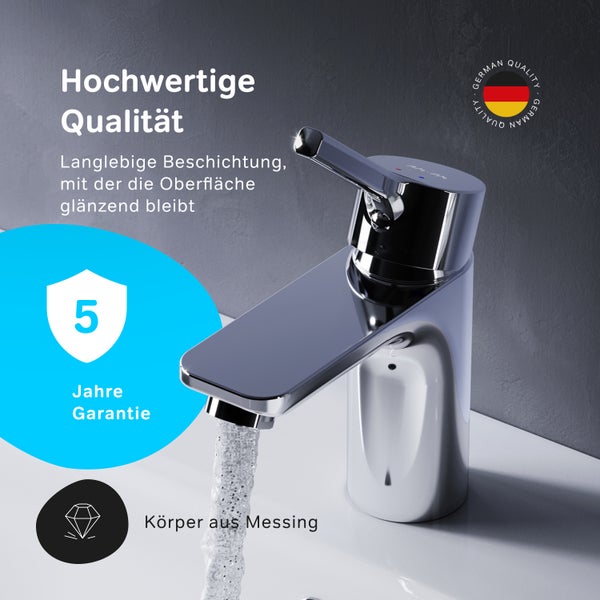 Einhebel Waschtischarmatur aus Messing mit langlebiger Oberflächenbeschichtung, inklusive fünf Jahre Herstellergarantie.