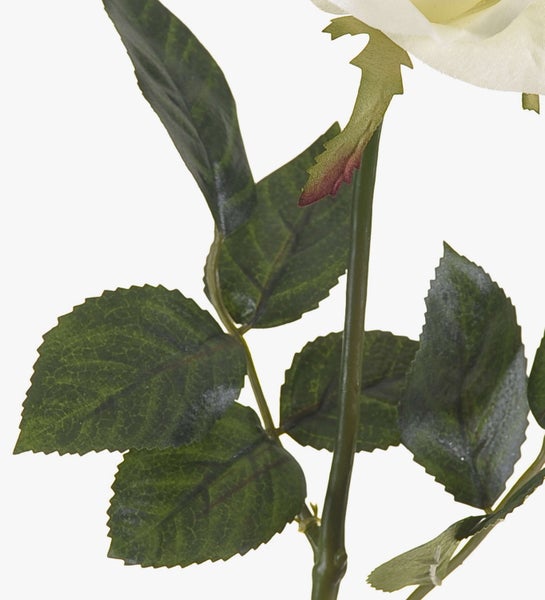 Künstliche Rose in Weiß mit grünem Stiel und naturgetreuen Blättern.