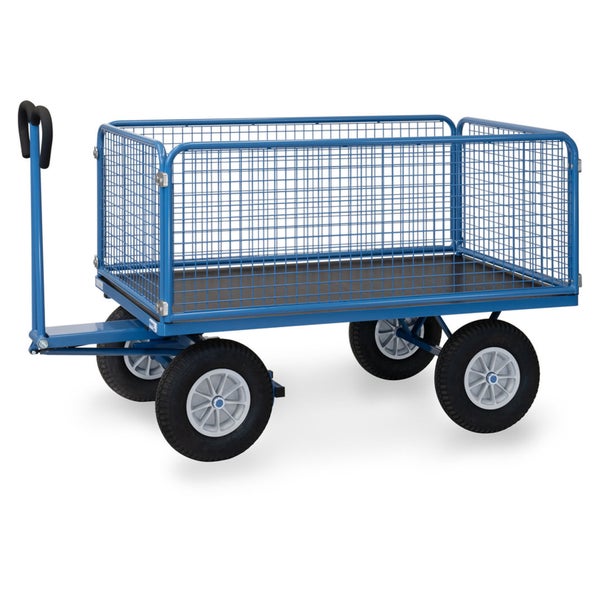 Blauer Handwagen mit Gitterwänden und vier Luftreifen für den Transport von Lasten.
