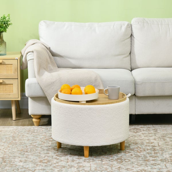 HOMCOM Sitzhocker mit Stauraum Hocker mit Klappdeckel, Runder Fußhocker Sitzwürfel Polsterhocker mit Holzbeine, Samtoptik 56 x 42 x 42 cm Weiß