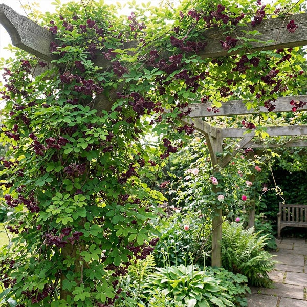 Hölzerne Pergola in einem üppigen Garten, bewachsen mit einer Kletterpflanze mit dunkelvioletten Blüten und grünen Blättern neben einem Steinpfad.