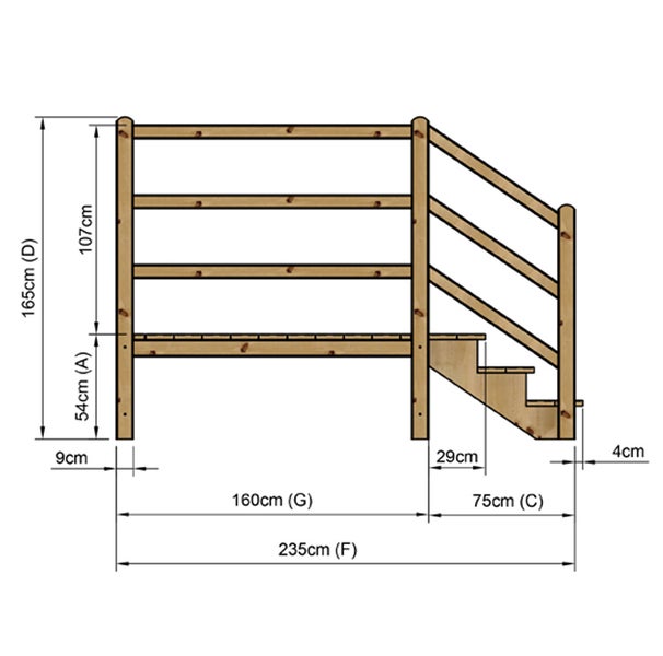 Technische Zeichnung eines Holztreppengeländers mit Maßangaben.