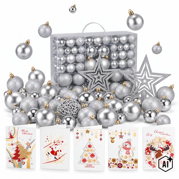Weihnachtsbaumschmuck Set mit silbernen Kugeln, Sternen und fünf weihnachtlichen Grußkarten in einer Kunststoffbox