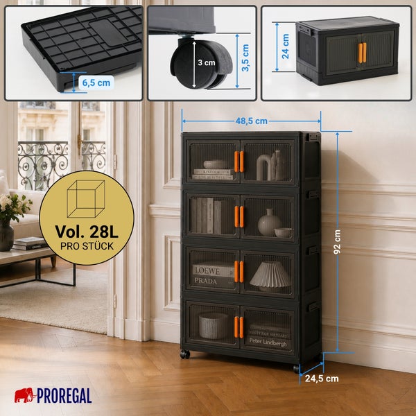Schwarzes Aufbewahrungsregal mit vier Etagen auf Rollen. Maße: 48,5 mal 24,5 mal 92 Zentimeter. Volumen 28 Liter pro Fach. PROREGAL Logo.