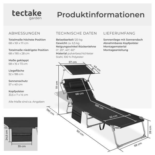 Sonnenliege tectake Chloé 190 x 68 x 28 cm, mit Seitentasche klappbar  schwarz