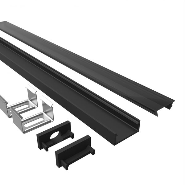 TIVENDIS Led Alu Profil 2 m AH2 schwarz Komplett Set für Strip / Streifen bis 12 mm breit | Abdeckung schwarz , Endkappen, Befestigungclips | U-Form Aufputz Deckenleiste Wandprofil pulverbeschichtet
