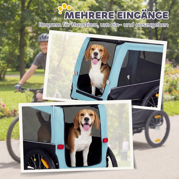 Hundefahrradanhänger mit einem Beagle, der mehrere Öffnungen für einen einfachen Ein- und Ausstieg zeigt.