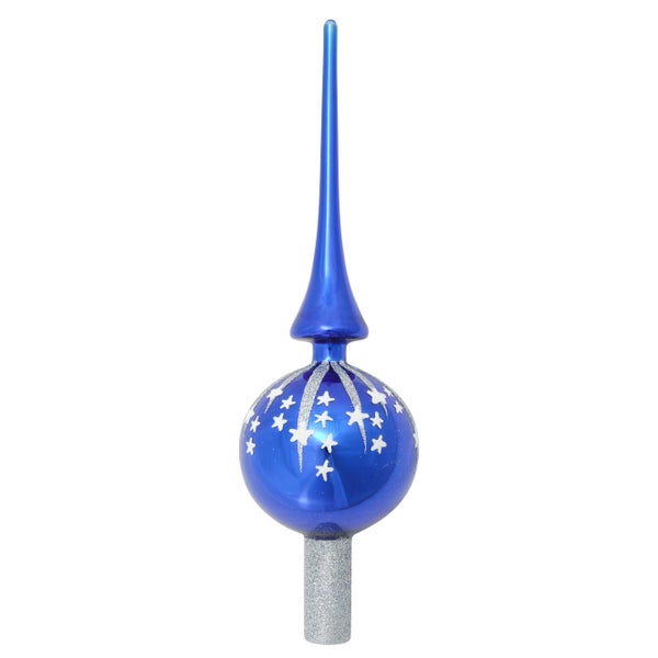 Blau glanz 28cm Designer-Baumspitze aus Glas, mundgeblasen und handdekoriert, 1 Stck., Weihnachtsbaumkugeln, Christbaumschmuck, Weihnachtsbaumanhänger