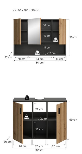 Maßangaben und Gewichtsbelastung für ein Badezimmermöbel-Set aus Spiegelschrank und Waschbeckenunterschrank in Anthrazit und Holzoptik.