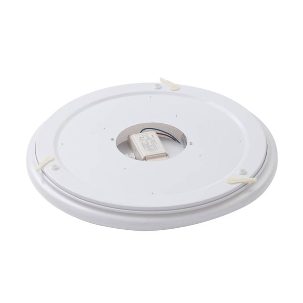 Weiße runde LED-Deckenleuchte Rückansicht mit Treiber und Montageklammern.