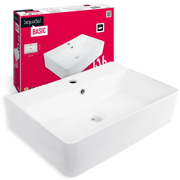 aquaSu® Basic Waschtisch 416 | Waschbecken mit Überlauf und Hahnloch | 60 x 42 cm | Als Hänge-Waschtisch oder Aufsatzwaschbecken | Sanitärkeramik in weiß | 562416