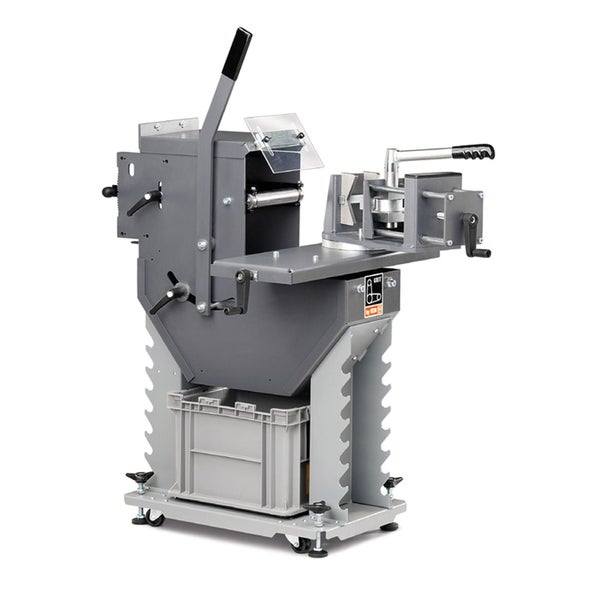 Fein Grit Radiusschleifmodul für Rohre und Profile, stationäre Metallbearbeitungsmaschine mit Untergestell und Rollen.