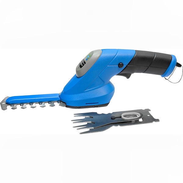 Blau-schwarze Akkumulator-Gras- und Strauchschere mit zwei auswechselbaren Messern für Gartenarbeiten.