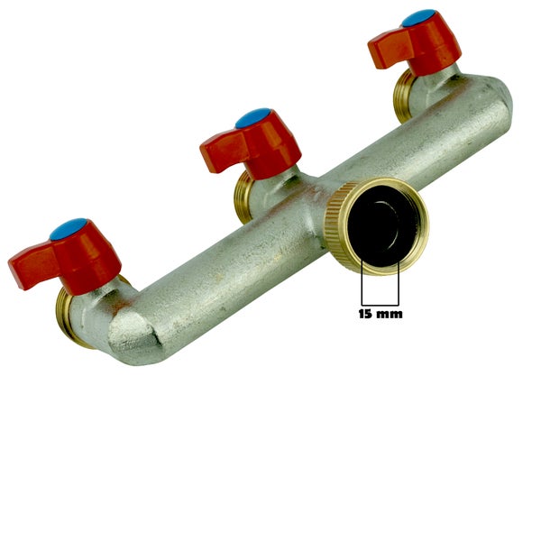V-3HN. Verteiler 3-Wege mit Absperrhähnen 3/4IG - 3x3/4AG (vernickelt)