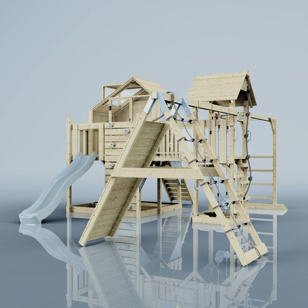 Spielturm aus Holz mit Rutsche, Kletterwand und Seilleiter für den Garten