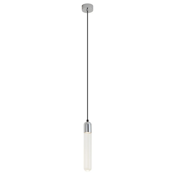 Moderne LED Pendelleuchte mit zylindrischem Glasstab und metallischem Deckenanschluss für die Innenbeleuchtung.