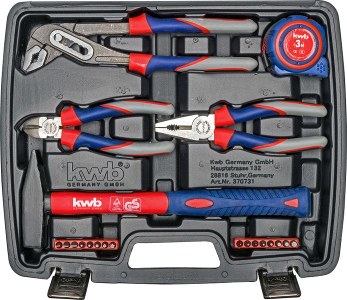 kwb Werkzeug-Koffer inkl. Schrauber-Bits, 42-teilig, gefüllt, robust und hochwertig, ideal für den Haushalt o. die Garage, GS geprüft, im praktischen Kunststoffkoffer, Rot, Blau, Grau