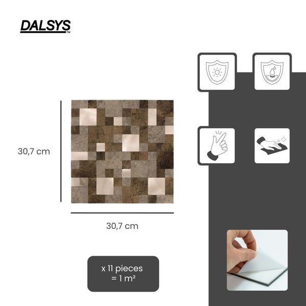 Dalsys Logo. Selbstklebende Mosaikfliese 30,7 mal 30,7 Zentimeter. 11 Stück ergeben 1 Quadratmeter. UV-beständig, wasserfest und pflegeleicht.