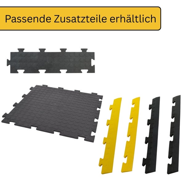Bodenfliese mit Noppenoberfläche und passende Zusatzteile wie Randleisten mit Verzahnungssystem erhältlich.