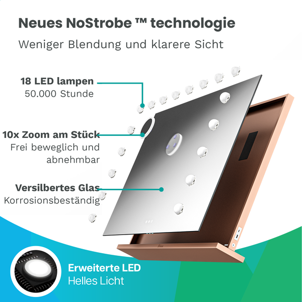 Mirlux Hollywood Make Up Spiegel LED-Beleuchtung - Bluetooth-Lautsprecher - 10x Zoom - Aufhängbar - Rose Gold - 80x60cm