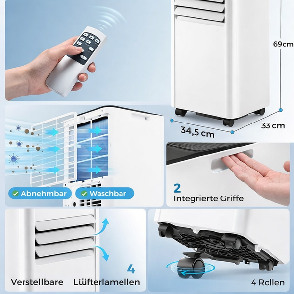 Klimagerät mit Fernbedienung, Maße 69 mal 34,5 mal 33 Zentimeter. Abnehmbarer Filter, 2 Griffe, 4 Lüfterlamellen und 4 Rollen.