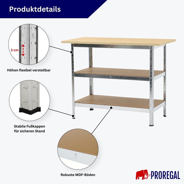 Proregal Werkbank mit Metallrahmen und verstellbaren MDF Böden sowie stabilen Fußkappen für einen sicheren Stand und flexible Höhenverstellung.