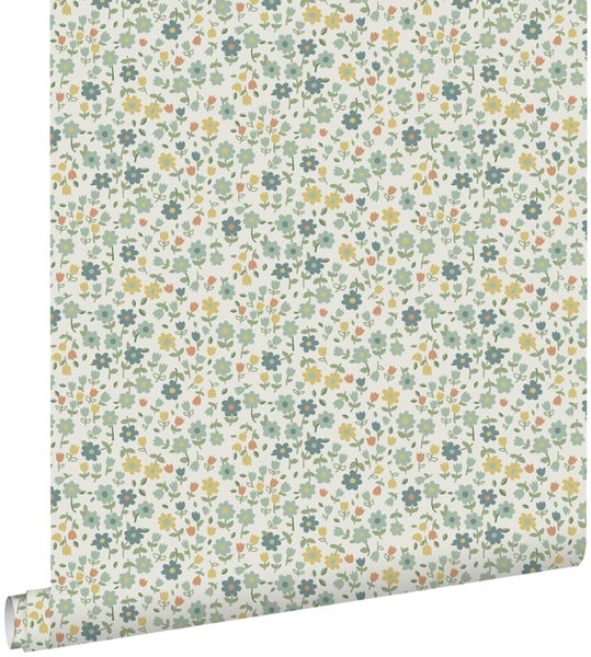 ESTAhome Tapete Blumen Blau, Graugrün und Ockergelb - 50 x 900 cm - 139468