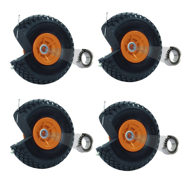 Vier Räder mit Reifenprofil und Kugellager im Querschnitt