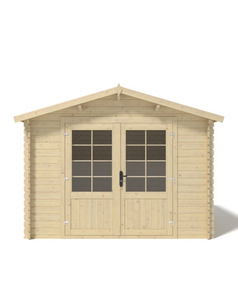 Gartenhaus aus Holz mit Satteldach und Doppeltür mit Fensterelementen in Blockbohlenbauweise