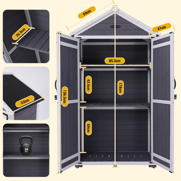Gerätehaus aus Holz mit Maßen: Höhe 178 Zentimeter, Breite 85,5 Zentimeter, Tiefe 59 Zentimeter, Traglast pro Boden 30 Kilogramm, Konavo Logo.
