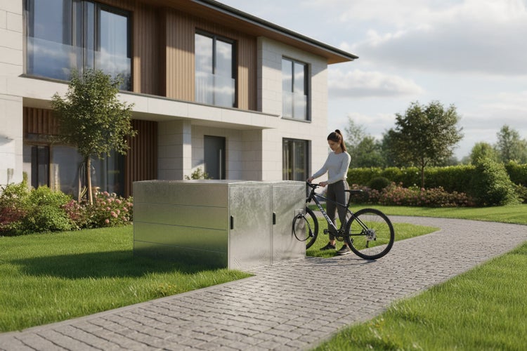 Fahrradbox aus Metall vor einem Wohnhaus mit einer Frau und einem Fahrrad.