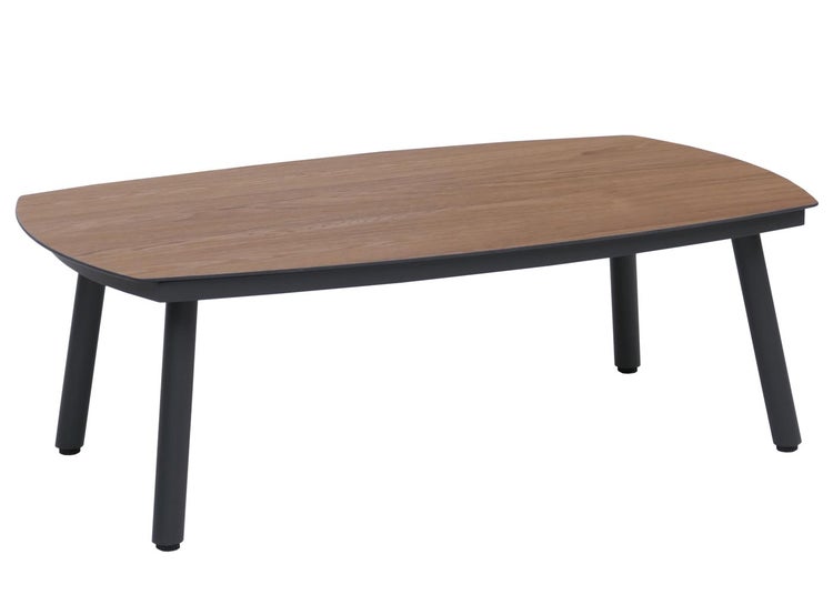 Loungetisch mit einer Tischplatte in Holzoptik und einem dunklen Metallgestell.