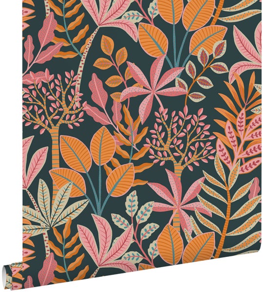 ESTAhome Tapete Blätter Orange, Rosa und Dunkelblau - 50 x 900 cm - 130993