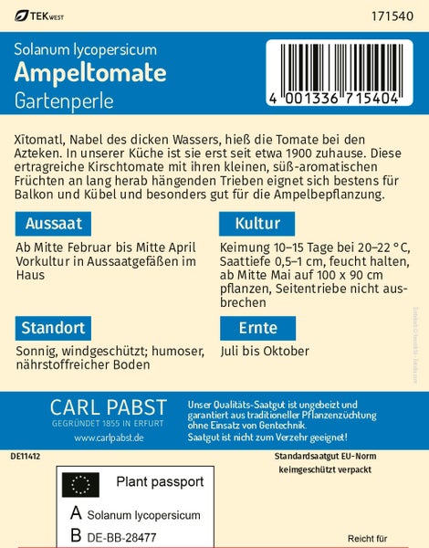 Rückseite der Saatgutpackung für Ampeltomate Gartenperle von Carl Pabst mit Informationen zu Aussaat, Standort und Ernte.