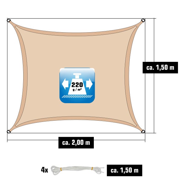 Beiges rechteckiges Sonnensegel circa 2,00 mal 1,50 Meter. Stoffgewicht 220 Gramm pro Quadratmeter. Inklusive 4 Seilen von je circa 1,50 Meter Länge.
