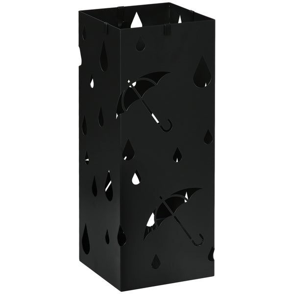 HOMCOM Regenschirmständer Schirmständer mit 4 Haken, Wasserauffangschale Regenschirmhalter für Flur, Regenschirme & Gehstöcke Stahl 15,5 x 15,5 x 40 cm Schwarz