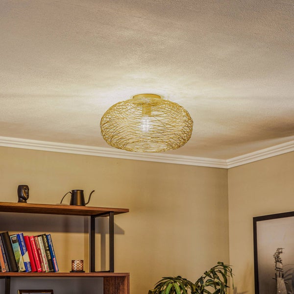 Ovale Deckenleuchte aus goldfarbenem Drahtgeflecht an einer Zimmerdecke über einem Holzregal mit Büchern und Dekoration.