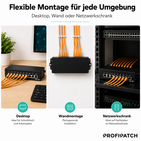 Drei Montageoptionen für das Profipatch 8-Port Cat 6A Patchpanel: Desktop-Nutzung, Wandmontage und Installation im Netzwerkschrank.