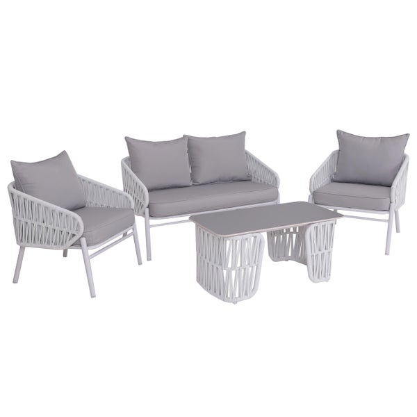 Garten-Lounge-Set aus Sofa, zwei Sesseln und Couchtisch mit weißem Gestell, Seilgeflecht und grauen Polstern.
