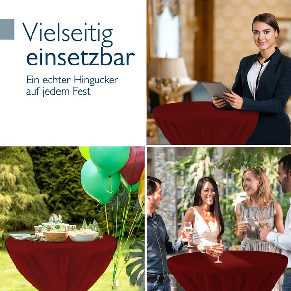 Collage von Stehtischen mit roter Husse in verschiedenen Nutzungsszenarien