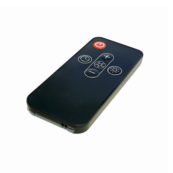 Schwarze Fernbedienung für Deckenventilator mit Tasten für Ein und Aus, Timer, Licht sowie Plus und Minus für die Geschwindigkeit.