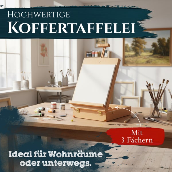 Holz Kofferstaffelei mit drei Fächern für Leinwände auf einem Arbeitstisch in einem hellen Atelier.