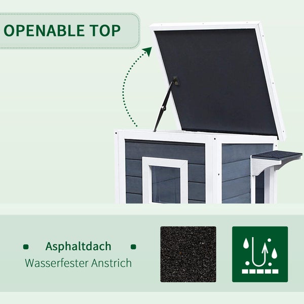 Detailansicht eines Kleintierstalls mit aufklappbarem Dach, Asphaltdach und wasserfester Beschichtung