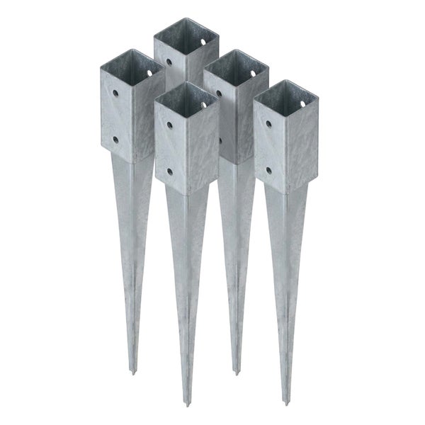 Set mit 4 Einschlaghülsen für quadratische Holzpfosten aus feuerverzinktem Stahl.