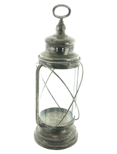 Dekorative Laterne im Antik-Look aus Metall und Glas mit rundem Tragegriff.