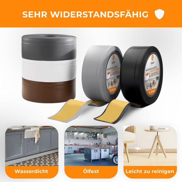 Drei Rollen selbstklebende Weichsockelleiste aus Kunststoff für Bodenbeläge in verschiedenen Ausführungen mit Anwendungsszenen.