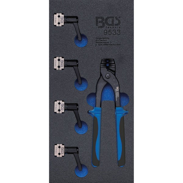 BGS technic Bremsleitungs-Biege-Werkzeugsatz inklusive Zange und vier Klemmstücken in einer Schaumstoffeinlage.