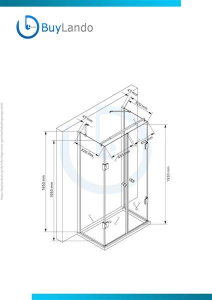 Technische Zeichnung einer Duschkabine mit Maßangaben